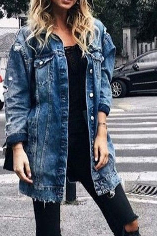 Mid-Length Ripped Denim Trench Coat